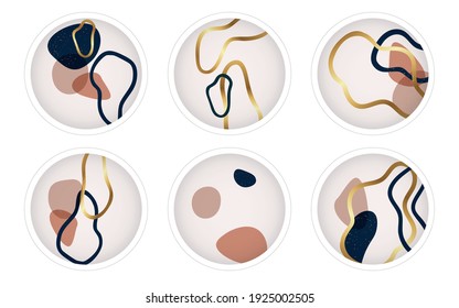 Set of trendy highlight covers. Abstract background. Round vector icons for social media stories. Hand drawn lines, shapes, dots, spots objects illustration.