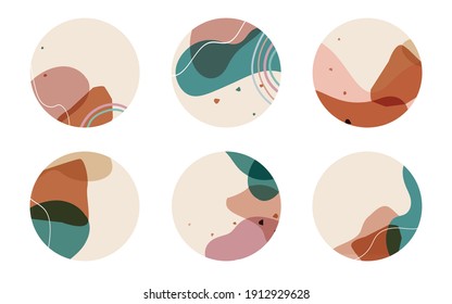 Set of trendy highlight covers. Round vector icons for social media stories. Hand drawn lines, shapes, dots, spots objects illustration.