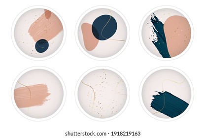 Set of trendy highlight covers. Round vector icons for social media stories. Hand drawn lines, shapes, dots, spots objects illustration.