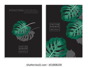 Set of trendy hipster abstract banners or cards with minimalistic tropical backgrounds. Design template for brochure, flyer, poster with Monstera Deliciosa, palm leaf, exotic jungle leaves on black 