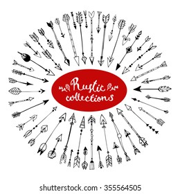 Set of trendy hipster hand drawn arrows. Rustic decorative  arrows. Romantic vector design love set. Wedding theme