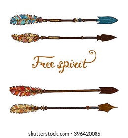 Set of trendy hipster hand drawn arrows. Rustic decorative arrows. Set of hand drawing ink arrows. Set of doodle tribal arrows. Elements in native style for greeting card and postcard, tattoo design.
