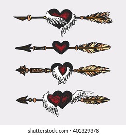 Set of trendy hipster hand drawn arrows. Rustic decorative arrows. Set of hand drawing ink boho tribal arrows. Elements in native style for greeting card and postcard, tattoo design.