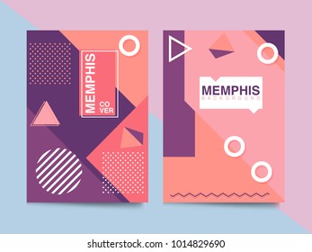 Set of trendy hipster posters or banners with abstract backgrounds in Memphis style, 80`s, with colorful geometric elements