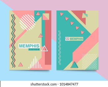 Set of trendy hipster posters or banners with abstract backgrounds in Memphis style, 80`s, with colorful geometric elements