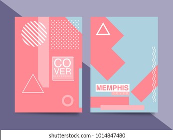Set of trendy hipster posters or banners with abstract backgrounds in Memphis style, 80`s, with colorful geometric elements