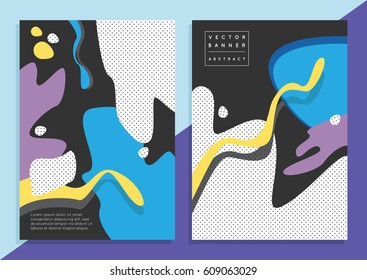 Set of trendy hipster posters or banners with colorful backgrounds in Memphis style, 80`s, with abstract shapes and dots. Design layout for your invitation card, flyer, brochure, cover