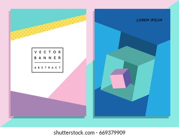 Set of trendy hipster posters or banners with abstract backgrounds in Memphis style, 80`s, 90`s, with colorful geometric elements. Design layout for your invitation card, flyer, brochure, advertising