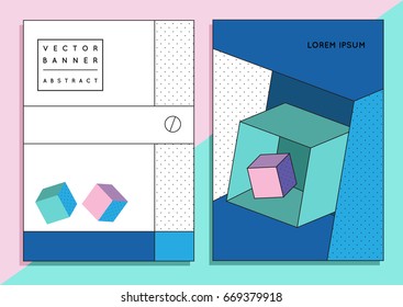 Set of trendy hipster posters or banners with abstract backgrounds in Memphis style, 80`s, 90`s, with colorful geometric elements. Design layout for your invitation card, flyer, brochure, advertising