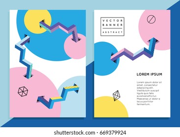 Set of trendy hipster posters or banners with abstract backgrounds in Memphis style, 80`s, 90`s, with colorful geometric elements. Design layout for your invitation card, flyer, brochure, advertising