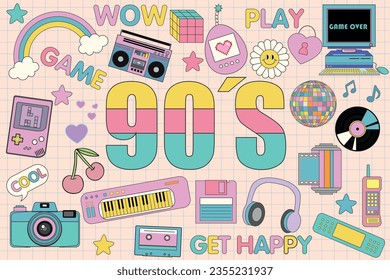 Set of trendy hipster retro cool elements. Collection sticker of groovy retrowave clipart. Collage with trend pop vibe with funky design element. background stickers emblem of cartoon vector. 