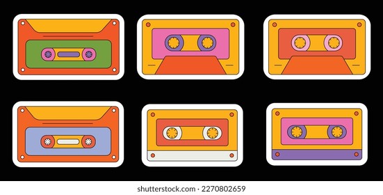 Set of trendy hipster retro music elements. Collection stickers of groovy retrowave clipart. Collage with trend pop vibe with funky design element. background sticker emblem of cartoon vector.