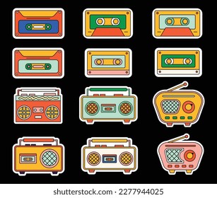 Set of trendy hipster retro music elements. Collection stickers of groovy retrowave clipart. Collage with trend pop vibe with funky design element. background sticker emblem of cartoon vector.