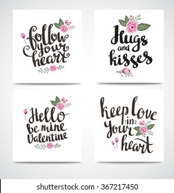 Set of trendy hipster Valentine Cards. Hand drawn vector backgrounds. Set of Valentine's calligraphic headlines