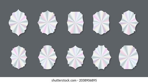 Set of trendy holographic colored stickers and decals of different shapes. High level product equivalent. Brand authentity protection of different shapes. Colored blank rainbow shiny emblems.