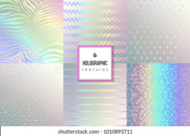 Set of trendy holographic textures for cover, brochure, flyer, poster, invitation, stylish design. Abstract dotted, striped, celebration confetti background. Vector illustration. Gradients, patterns.