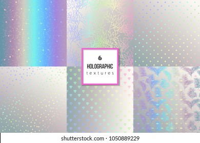 Set of trendy holographic textures for cover, brochure, flyer, poster, invitation, stylish design. Abstract dotted, striped, celebration confetti background. Vector illustration. Gradients, patterns.