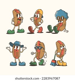 Set of Trendy Hot Dog and Cartoon Characters, Vintage character vector art collection