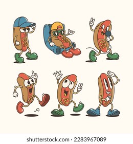 Set of Trendy Hot Dog and Cartoon Characters, Vintage character vector art collection