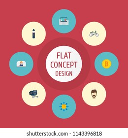 Set of trendy icons flat style symbols with crypto currency, fashionable beard, action cam and other icons for your web mobile app logo design.