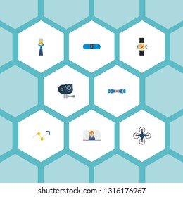 Set of trendy icons flat style symbols with video blogger, selfie, drone and other icons for your web mobile app logo design.