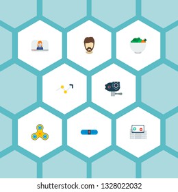 Set of trendy icons flat style symbols with video blogger, vegan, augmented reality and other icons for your web mobile app logo design.
