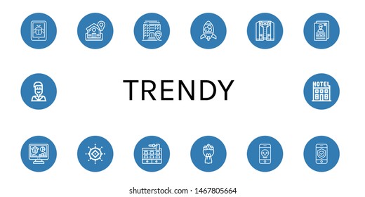 Set of trendy icons such as Smartphone, Home, Hotel, Lava lamp, Suit, Resume, Sun, Bouquet, Native american , trendy