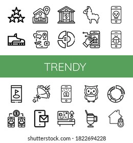 Set of trendy icons. Such as Stars, Footwear, Home, Smartphone, Online banking, Pie chart, Llama, Bouquet, Hotel, Owl, Latte , trendy icons