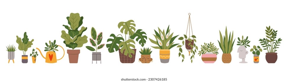 Set of trendy indoor houseplants. Potted plants for home, urban jungle decor. Modern vector illustration isolated on white background, hand drawn, flat design.