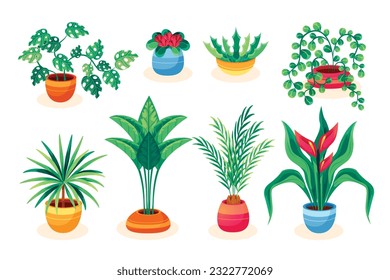 Set of trendy indoor houseplants. Potted plants for home, urban jungle decor. Modern vector illustration isolated on white background, hand drawn, flat design