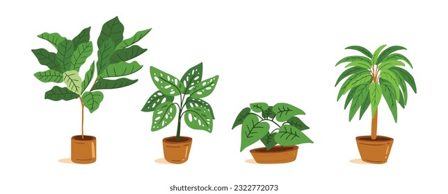 Set of trendy indoor houseplants. Potted plants for home, urban jungle decor. Modern vector illustration isolated on white background, hand drawn, flat design