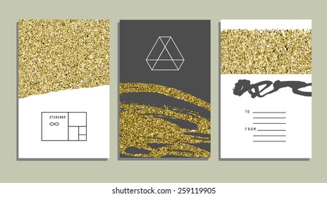 Set of trendy invitations with gold glitter texture. Wedding, marriage, bridal, birthday, Valentine's day. Isolated. Vector