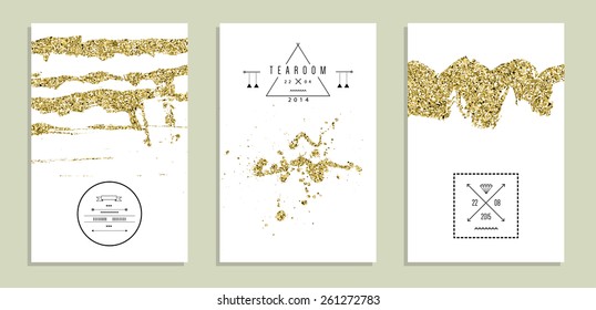 Set of trendy invitations with gold glitter texture. Wedding, marriage, bridal, birthday, Valentine's day. Isolated. Vector