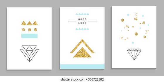 Set of trendy invitations with gold glitter texture. Wedding, marriage, bridal, birthday, Valentine's day. Isolated. Vector
