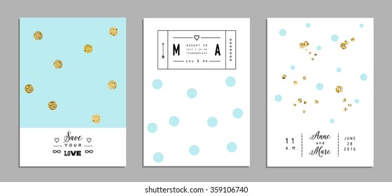 Set of trendy invitations with gold glitter texture. Wedding, marriage, bridal, birthday, Valentine's day. Isolated. Vector