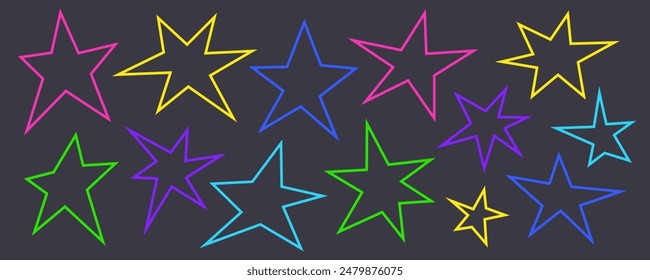 Conjunto de estrellas de neón irregular de moda. Formas abstractas de línea puntiaguda de estilo infantil simple. La arista enciende la colección de iconos de forma. Trazo editable. Ilustración vectorial