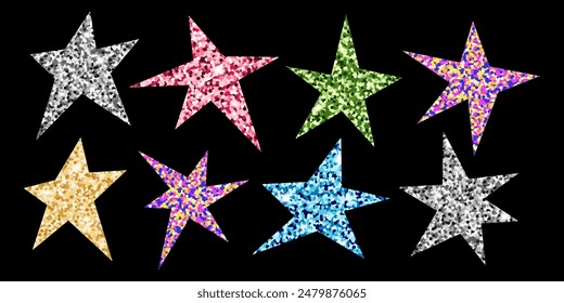 Set of trendy irregular stars with glitter pattern. Glittering gold, silver texture simple abstract shapes. Shine spiky icon collection for christmas, birthday design. Vector illustration