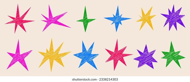 Un conjunto de estrellas irregulares de moda. Formas simples dibujadas a mano con texturas. Elementos de ilustración de vector