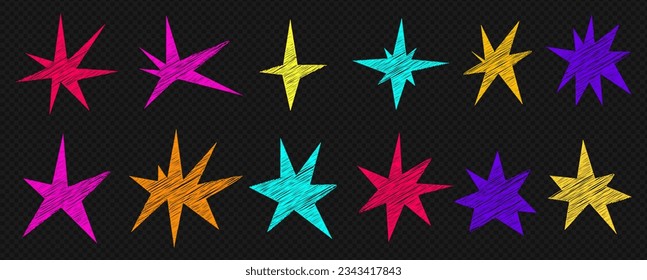 A set of trendy irregular stars. Simple hand drawn shapes with textures. Vector illustration elements