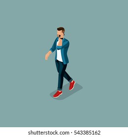 Set Trendy isometric people. Creative people working in co working office, modern gadgets. Freelancers stylish hairstyles and clothes isolated on white background. Vector illustration.