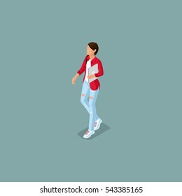Set Trendy isometric people. Creative people working in co working office, modern gadgets. Freelancers stylish hairstyles and clothes isolated on white background. Vector illustration.