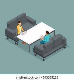 Set Trendy isometric people. Creative people working in co working office, modern gadgets. Freelancers stylish hairstyles and clothes isolated on white background. Vector illustration.