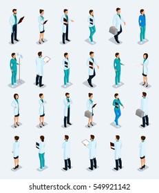 Set Trendy Isometric People. Medical Staff, Hospital, Doctor, Nurse, Surgeon. Physicians Front View Rear View, Standing Position Isolated On A Light Background. Vector Illustration.