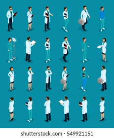 Set Trendy isometric people. Medical staff, hospital, doctor, nurse, surgeon. Physicians front view rear view, standing position isolated on bright background. Vector illustration.