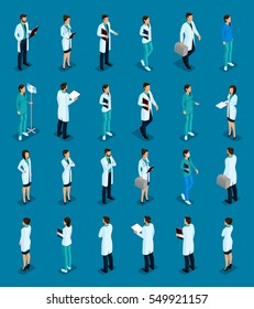 Set Trendy Isometric People. Medical Staff, Hospital, Doctor, Nurse, Surgeon. Physicians Front View Rear View, Standing Position Isolated On A Blue Background. Vector Illustration.