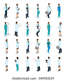 Set Trendy isometric people. Medical staff, hospital, doctor, nurse, surgeon. Physicians front view rear view, standing position isolated on white background. Vector illustration