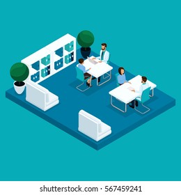 Set Trendy isometric people. Medical staff, hospital, doctor, therapist at the reception, room, study, patients at the reception isolated on a blue background. Vector illustration.