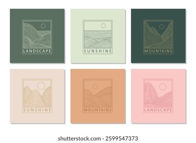 Set of trendy landscape abstract bohemian design icons ideal as minimalist linear logo