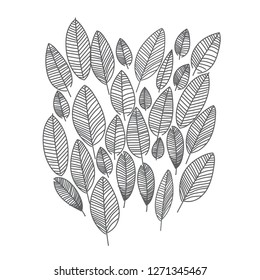 Set of trendy leaves pattern hand drawn style illustration in black and white colors for background and print