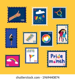 Set of trendy LGBTQ stamps. Day against homophobia. Pride month. Vector postmarks with rainbow flags,gender signs and lettering.Lesbian couple.Respect and protect love.Conceptual drawing